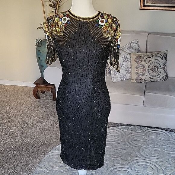 100% Pure Silk Beaded Sequin Open Back Dress Size M - Picture 1 of 12